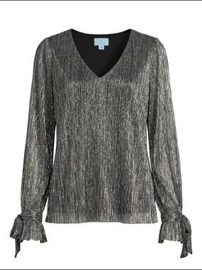 CeCe Silver Metallic V-Neck Tie-Cuff Blouse